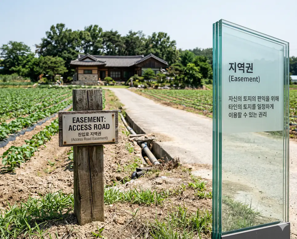 저당권 뜻, 지상권 뜻, 지역권 뜻 정리: 부동산 담보와 토지 사용 및 편익 권리 확인 3 지역권 뜻을 상징하기 위해 이웃 토지를 통과하는 진입로나 관개 시설 등 토지의 이용 가치를 높이는 편익 권리 현장을 포착한 사실적인 실사 촬영 이미지