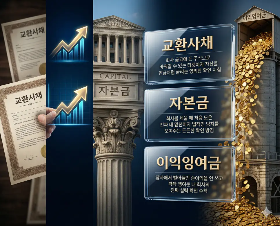 교환사채 뜻, 자본금 뜻, 이익잉여금 뜻 정리: 주식 교환 권리와 기초 자본 및 사내 축적금 확인 4 교환사채, 자본금, 이익잉여금 키워드 정의와 각각의 주식 교환 및 이익 축적 상황을 사실적인 배경 위에 유리 패널로 정리한 고품격 실사 인포그래픽
