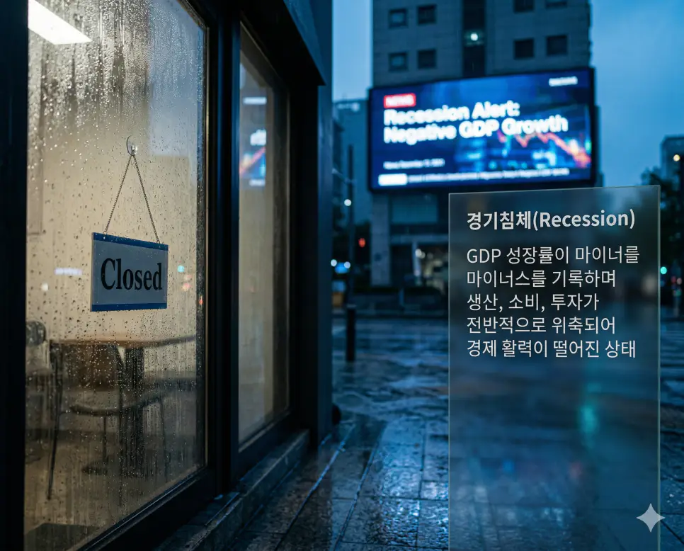 1인당 GDP 뜻, 경기침체 뜻, 낙수효과 뜻: 국민 평균 소득과 경제 위축 및 성장 배분 정리 2 경기침체 뜻을 시각화하기 위해 비 내리는 금융가 폐업 상점 유리창 너머로 마이너스 경제 성장을 알리는 뉴스 전광판을 생생하게 촬영한 실사 이미지