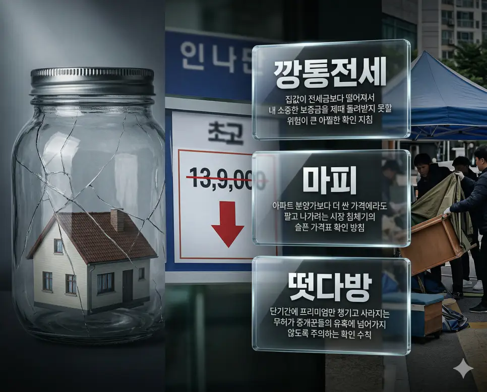 깡통전세, 마피, 떳다방 키워드 정의와 각각의 보증금 위험 및 부동산 시장 침체 상황을 사실적인 배경 위에 유리 패널로 정리한 고품격 실사 인포그래픽