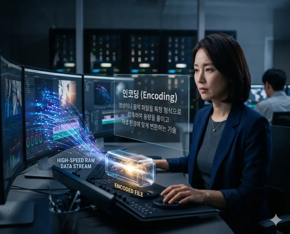 렌더링 뜻, 인코딩 뜻, 메타데이터 뜻: 데이터 시각화와 최적화 및 속성 정보 확인 2 인코딩 뜻을 시각화하기 위해 한국인 에디터가 영상 파일을 특정 형식으로 압축하고 변환하여 최적의 재생 환경을 만드는 과정을 보여주는 고품격 실사 이미지