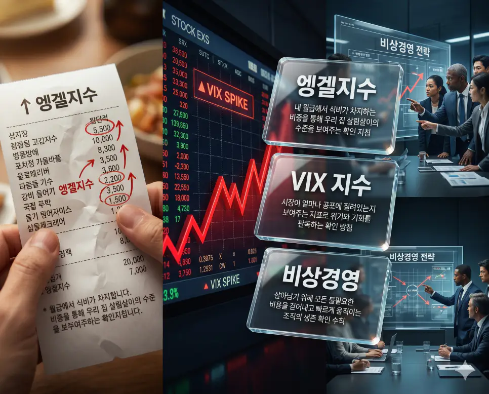 엥겔지수 뜻, VIX 지수 뜻, 비상경영 뜻 정리: 경제 위기 징후와 리스크 대응 확인 4 엥겔지수, VIX 지수, 비상경영 키워드 정의와 각각의 가계 지출 및 시장 리스크 상황을 사실적인 배경 위에 유리 패널로 정리한 고품격 실사 인포그래픽