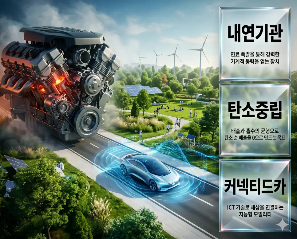 한국인 전문가들과 함께 내연기관, 탄소중립, 커넥티드카의 기술적 지표를 분석하여 전통 동력원과 친환경 정책, 지능형 모빌리티의 미래를 진단하는 프리미엄 포스터 이미지