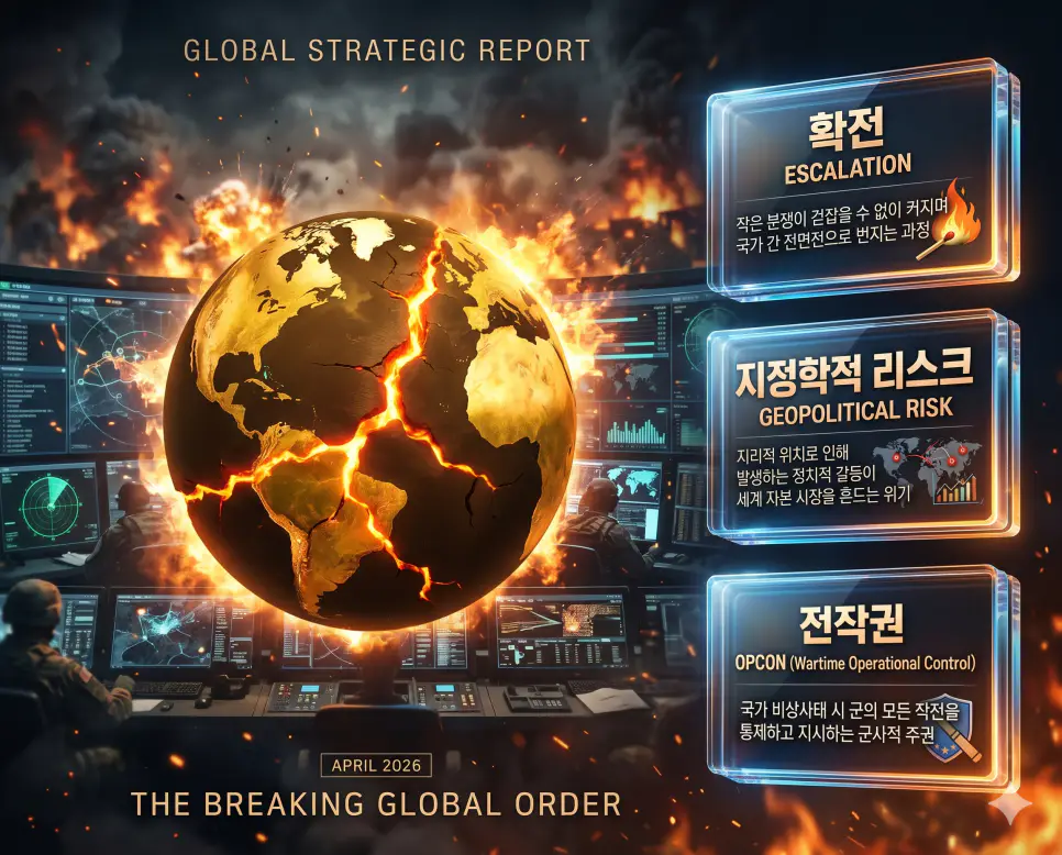 확전 (Escalation) 뜻, 지정학적 리스크 뜻, 전작권 뜻: 분쟁 확대와 세계 경제 불확실성 및 전시 작전통제권 확인 4 한국인 전문가와 함께 확전, 지정학적 리스크, 전작권의 관계를 분석하여 국가 안보와 글로벌 경제 위기의 핵심을 진단하는 역대급 비주얼 포스터 이미지