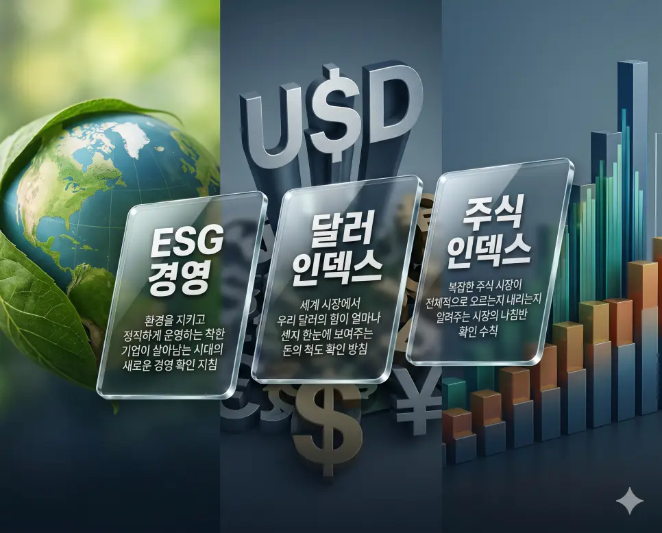 ESG 경영, 달러 인덱스, 주식 인덱스 키워드 정의와 각각의 기업 가치 및 글로벌 금융 지표 상황을 사실적인 배경 위에 유리 패널로 정리한 고품격 실사 인포그래픽