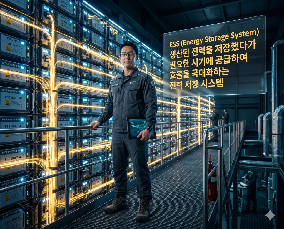 ESS 뜻을 설명하기 위해 한국인 에너지 엔지니어가 전력 효율을 극대화하는 대규모 에너지 저장 시스템 배터리 벽을 점검하는 시네마틱 이미지