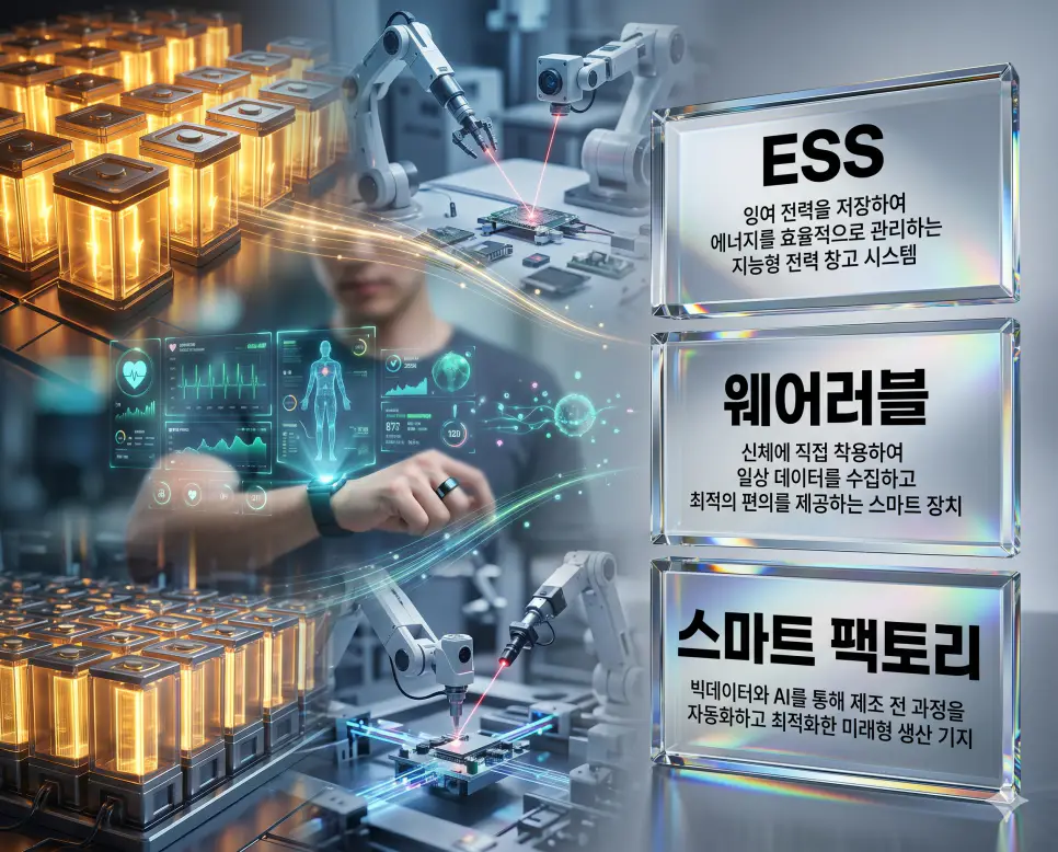 한국인 전문가들과 함께 ESS, 웨어러블, 스마트 팩토리의 관계를 분석하여 에너지 관리와 개인 맞춤형 기기 및 지능형 제조 공정의 핵심 원리를 진단하는 역대급 비주얼 포스터 이미지