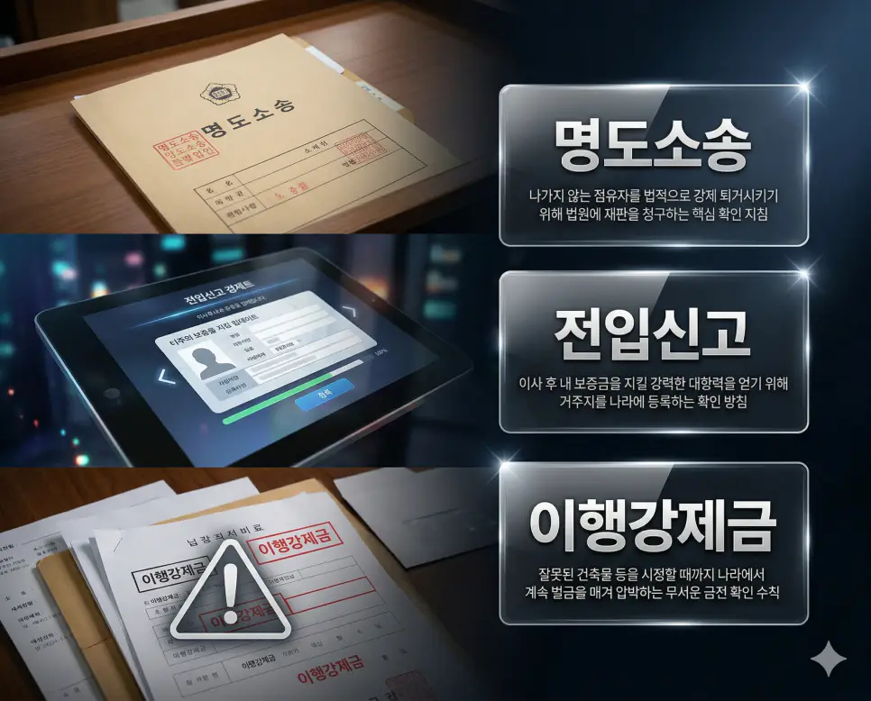 명도소송 뜻, 전입신고 뜻, 이행강제금 뜻 정리: 강제 퇴거와 거주지 등록 및 이행 압박 확인 4 명도소송, 전입신고, 이행강제금 키워드 정의와 각각의 법적 퇴거 및 거주지 등록 상황을 사실적인 배경 위에 유리 패널로 정리한 고품격 실사 인포그래픽