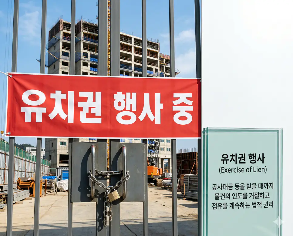 유치권 행사 뜻을 설명하기 위해 공사 대금 변제를 요구하며 건물 출입을 통제하고 점유를 지속하는 현장의 강렬한 실사 이미지