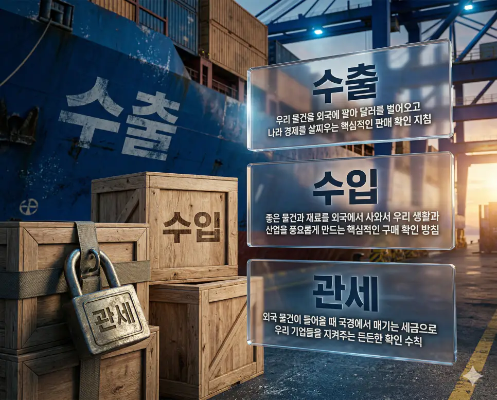 수출 뜻, 수입 뜻, 관세 뜻: 국가 간 판매와 구매 및 국경 세제 혜택 총정리 4 수출, 수입, 관세 뜻의 정의와 실제 항만 및 물류 현장 아이콘을 사실적인 배경 위에 유리 패널로 정리한 고품격 실사 인포그래픽