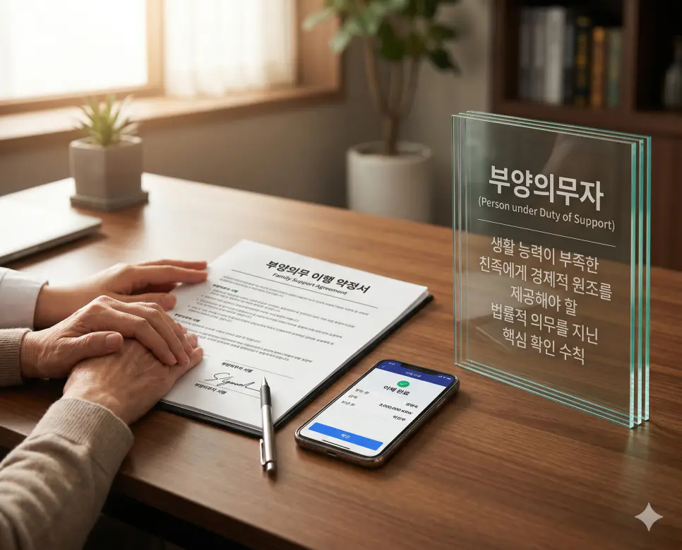피상속인 뜻, 부양의무자 뜻, 의료급여 수급권자 뜻 정리: 상속과 복지 자격 확인 2 부양의무자 뜻을 시각화하기 위해 생활 능력이 부족한 친족에게 경제적 원조를 제공해야 할 법률적 의무를 지닌 보호자의 이행 약정서와 지원의 손길 실사 이미지