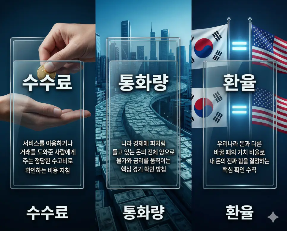 수수료 뜻, 통화량 뜻, 환율 뜻: 서비스 대가와 시중 돈의 양 및 화폐 교환 비율 정리 4 수수료, 통화량, 환율 뜻의 정의와 핵심 경제 상징 아이콘을 대전 야경 배경의 세 개 유리 패널에 정리한 고품격 인포그래픽 실사 이미지