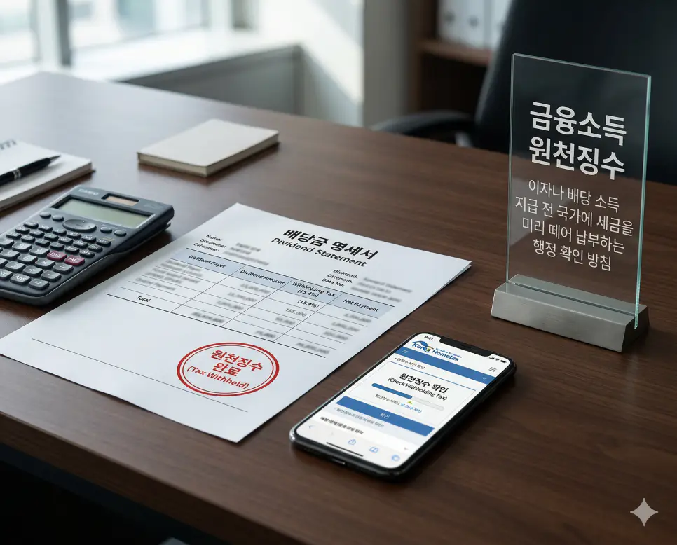 현금 증거금 뜻, 금융소득 원천징수 뜻, 미지급금 뜻 정리: 담보 자금과 세금 및 채무 확인 2 금융소득 원천징수 뜻을 시각화하기 위해 이자나 배당 소득을 지급받기 전 국가에 세금을 미리 공제하여 납부하는 세무 행정 처리의 실사 이미지