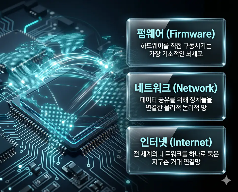 펌웨어 뜻, 네트워크 뜻, 인터넷 뜻 정리: 하드웨어 제어와 데이터 통신망 확인 4 한국인 전문가들과 함께 펌웨어, 네트워크, 인터넷의 관계를 분석하여 디지털 기기의 제어부터 전 세계 통신까지의 원리를 진단하는 프리미엄 포스터 이미지