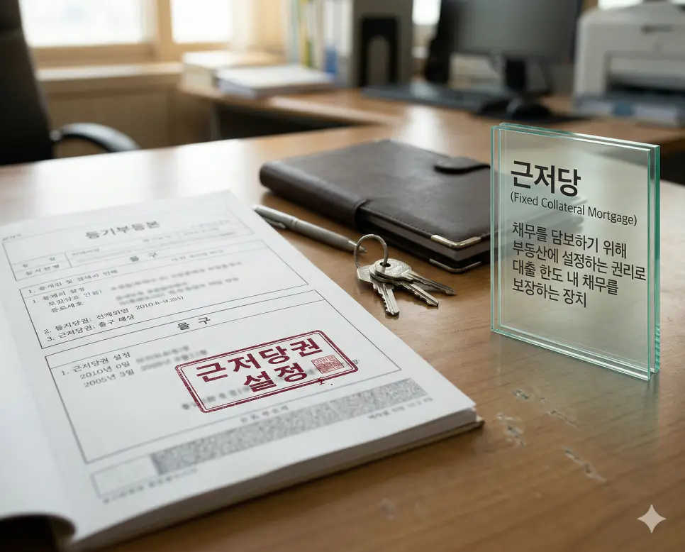 원리금 균등상환 뜻, 중도상환수수료 뜻, 근저당 뜻 정리: 대출 상환과 수수료 확인 3 근저당 뜻을 상징하기 위해 부동산 등기부등본상의 권리 설정 내역과 주택 열쇠를 전문적인 금융 업무 환경에서 포착한 실사 촬영 이미지