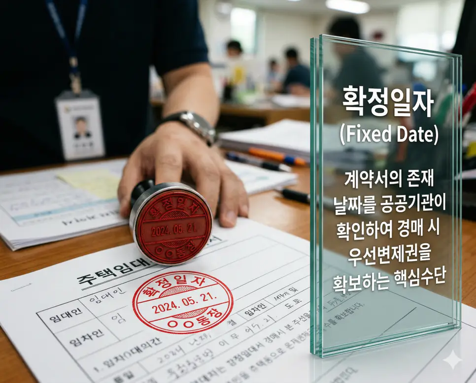배당 뜻, 대항력 뜻, 확정일자 뜻 정리: 몫의 나눔과 임차인 방패 및 순위 증명 확인 3 확정일자 뜻을 상징하기 위해 주민센터에서 계약서에 공식 날짜 도장을 찍어 보증금 변제 순위를 확보하는 현장을 담은 사실적인 실사 이미지