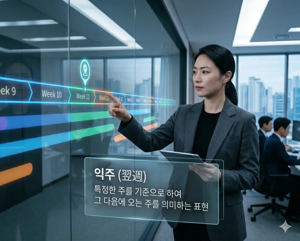 금주 차주 뜻, 익주 뜻, 차일 뜻: 업무 일정 관리를 위한 시간 용어 완벽 정리 2 익주 뜻을 시각화하기 위해 한국인 분석가가 유리 벽에 투영된 타임라인에서 특정 시점 이후의 다음 주를 정밀하게 분석하는 고품격 실사 이미지