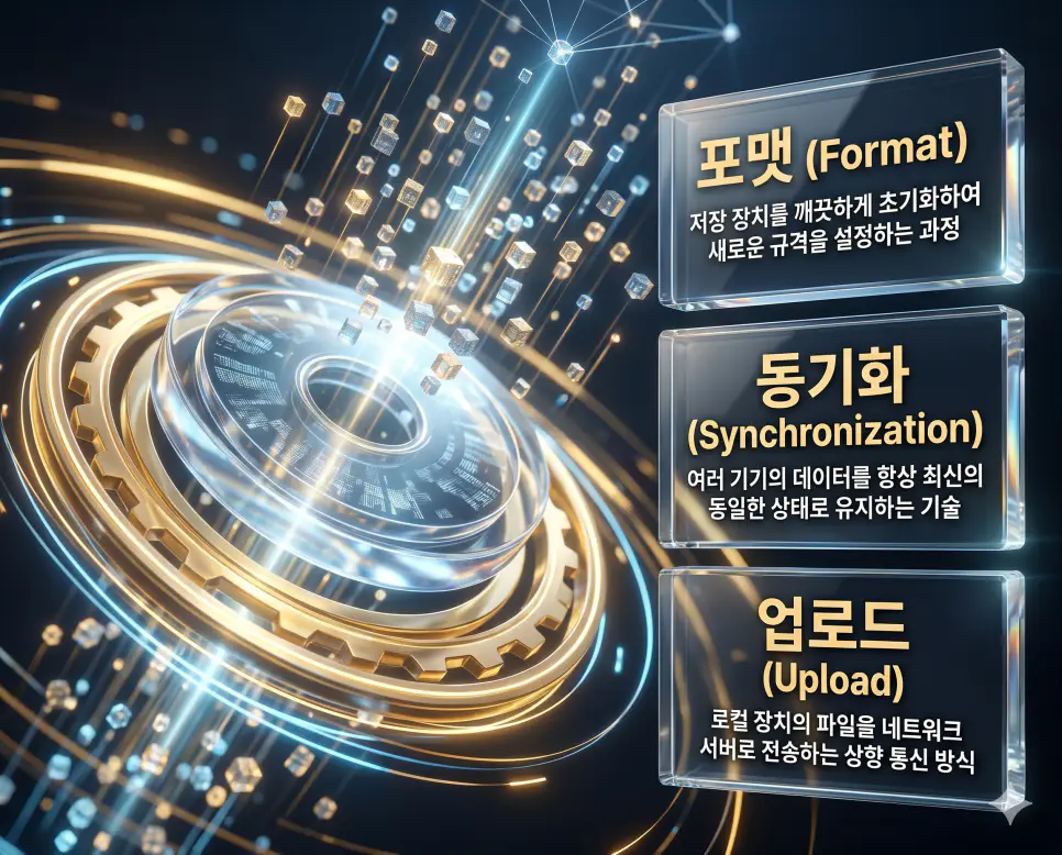 한국인 전문가들과 함께 포맷, 동기화, 업로드의 관계를 분석하여 저장 장치 관리와 데이터 통신의 핵심 원리를 진단하는 역대급 비주얼 포스터 이미지