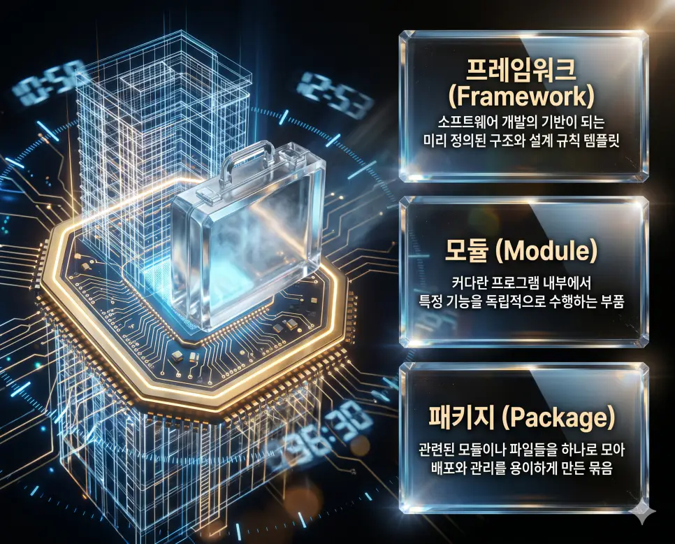 프레임워크 뜻, 모듈 뜻, 패키지 뜻: 개발 설계 뼈대와 독립 부품 및 관리 꾸러미 확인 4 한국인 전문가들과 함께 프레임워크, 모듈, 패키지의 관계를 분석하여 소프트웨어 구조와 개발 효율 및 관리 원리를 진단하는 역대급 비주얼 포스터 이미지