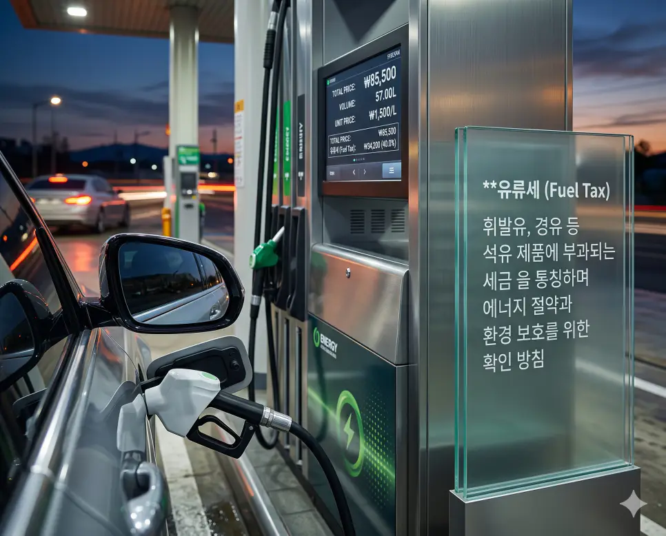 지방세 뜻, 유류세 뜻, 누진세 뜻 정리: 조세 체계와 과세 원리 확인 2 유류세 뜻을 시각화하기 위해 에너지 절약과 환경 보호를 목적으로 휘발유와 경유 등 석유 제품에 부과되는 세금이 표시된 주유소 화면 실사 이미지