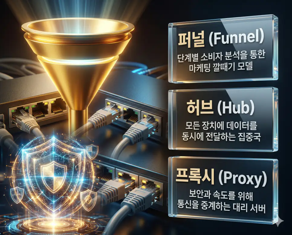퍼널 뜻, 허브 뜻, 프록시 뜻: 마케팅 깔때기와 네트워크 장치 및 대리 서버 확인 4 한국인 전문가들과 함께 퍼널, 허브, 프록시의 비즈니스 및 기술적 개념을 분석하여 마케팅 전환과 네트워크 통신을 진단하는 역대급 비주얼 포스터 이미지