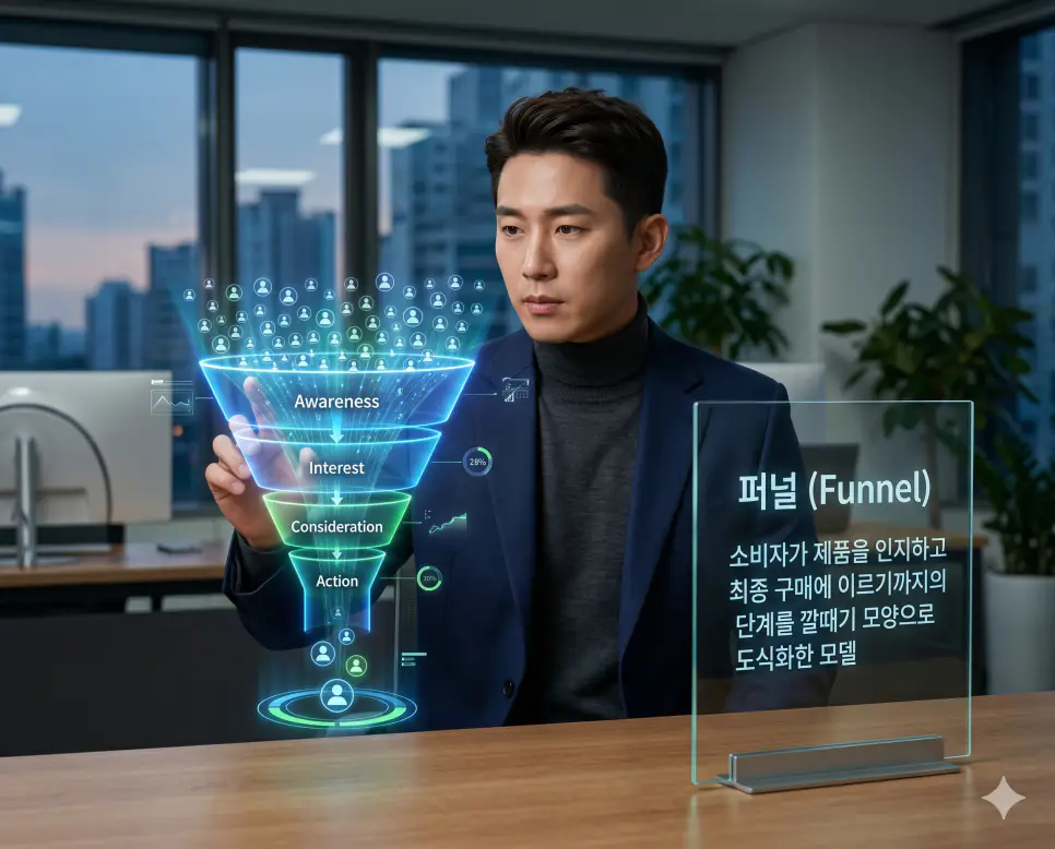퍼널 뜻을 정의하기 위해 한국인 마케터가 고객의 인지 단계부터 최종 구매 결정까지 이어지는 전환 단계를 깔때기 모양의 홀로그램으로 분석하는 실사 이미지