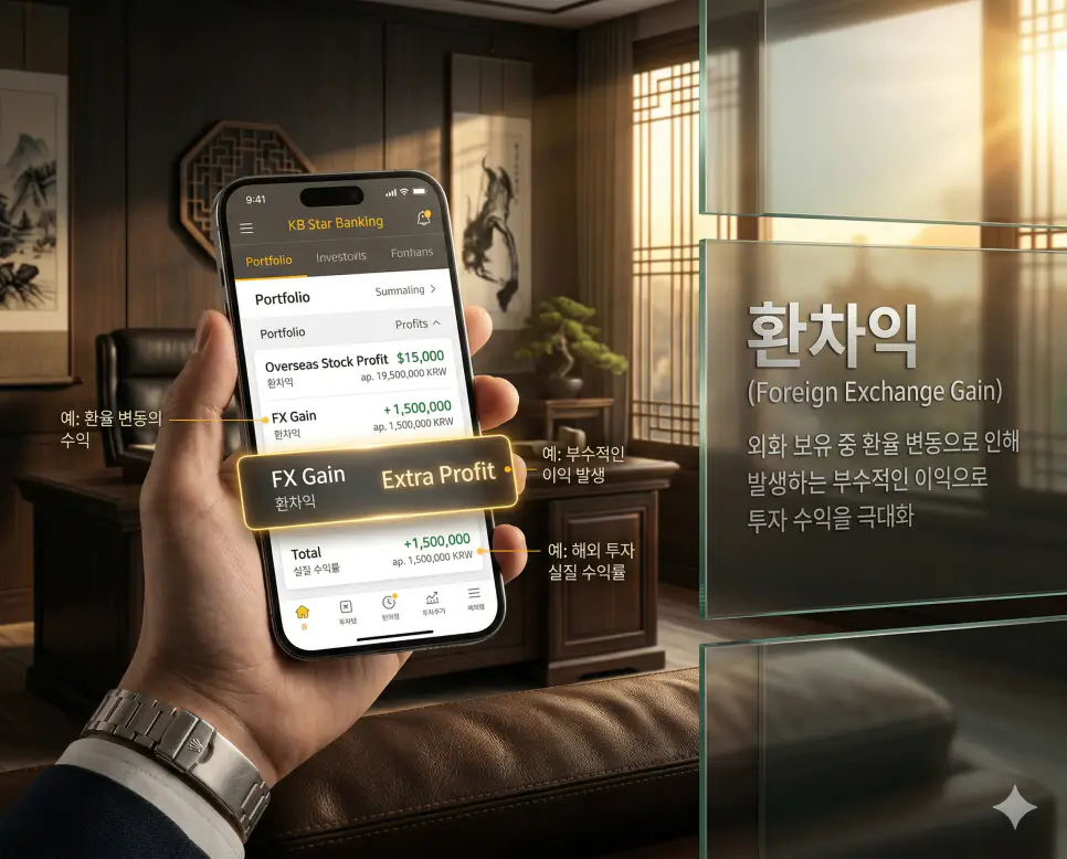 평가절하 뜻, 환헤지 뜻, 환차익 뜻: 통화 가치 하락과 환리스크 방어 및 환율 수익 정리 3 외화 보유 중 환율 상승으로 인해 발생하는 부수적인 투자 수익인 환차익 현상을 시각화한 실사 이미지