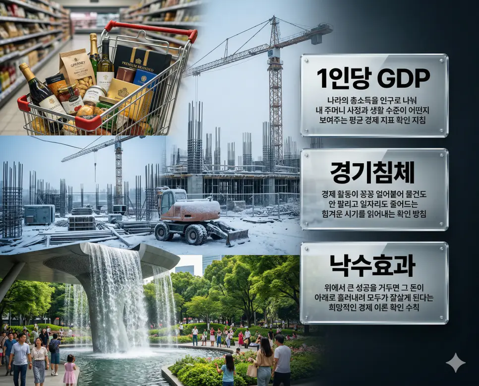 1인당 GDP 뜻, 경기침체 뜻, 낙수효과 뜻: 국민 평균 소득과 경제 위축 및 성장 배분 정리 4 1인당 GDP, 경기침체, 낙수효과 키워드 정의와 각각의 경제 상황을 상징하는 사실적인 배경 위에 유리 패널로 정리한 고품격 실사 인포그래픽
