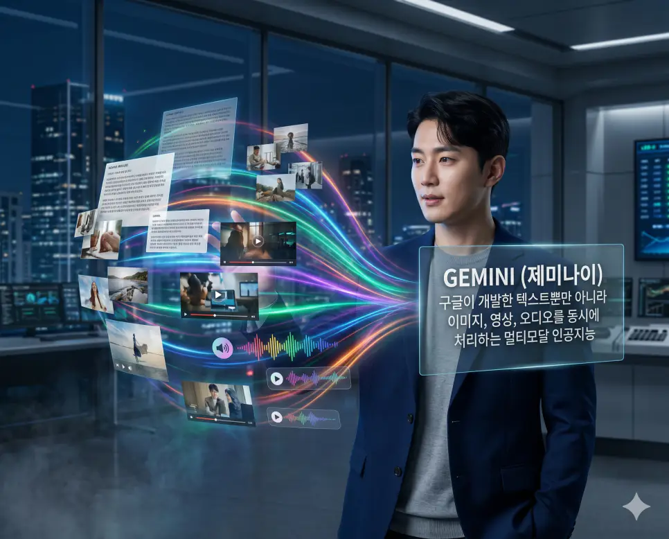 GEMINI (제미나이) 뜻을 정의하기 위해 한국인 기업가가 텍스트, 이미지, 오디오, 영상을 동시에 처리하는 구글의 강력한 멀티모달 홀로그램 프로젝션을 분석하는 프리미엄 실사 이미지