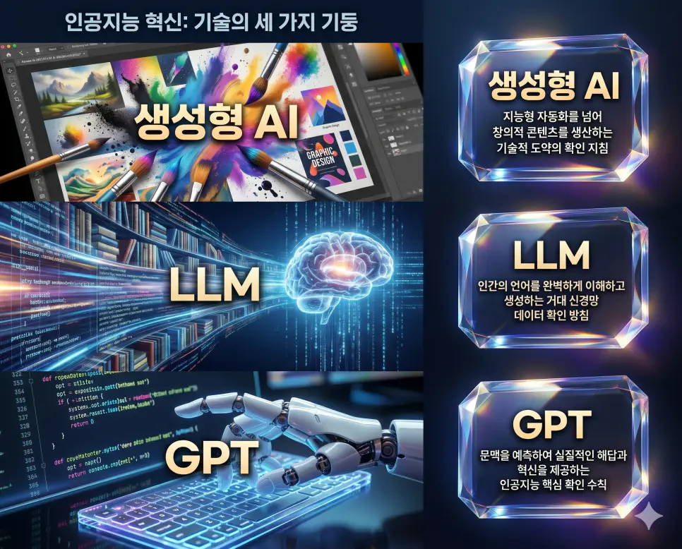 생성형 AI 뜻, LLM 뜻, GPT 뜻 정리: 인공지능 창작 기술과 언어 모델 확인 4 생성형 AI, LLM, GPT의 계층적 구조와 구현 방식을 한눈에 확인할 수 있도록 기술적 특징을 정리한 프리미엄 FAQ 통합 포스터 이미지