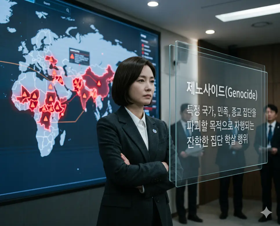 홀로코스트, 제노사이드, 아파르트헤이트 뜻: 인류사의 비극과 인권의 가치를 되새기다 2 제노사이드 뜻을 시각화하기 위해 한국인 인권 변호사가 특정 집단을 파괴하려는 목적의 집단 학살 범죄로부터 인류를 보호하는 법적 체계를 점검하는 고품격 실사 이미지