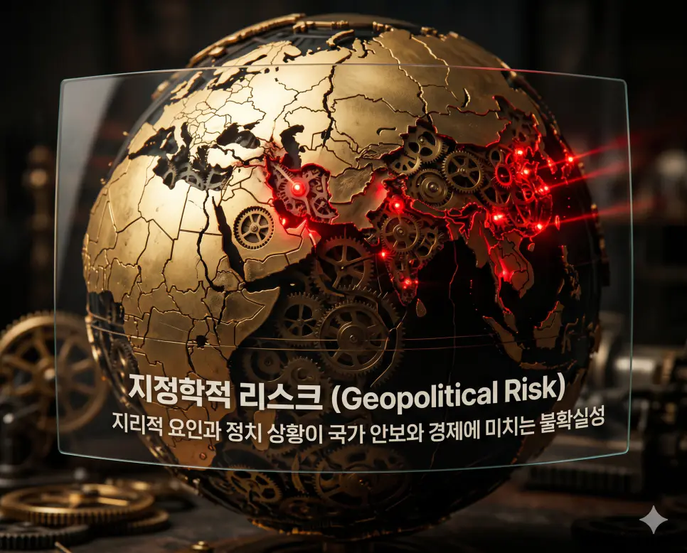 확전 (Escalation) 뜻, 지정학적 리스크 뜻, 전작권 뜻: 분쟁 확대와 세계 경제 불확실성 및 전시 작전통제권 확인 2 지정학적 리스크 뜻을 시각화하기 위해 세계 경제와 안보에 영향을 미치는 지리적 요인과 정치적 불확실성을 균열된 황금 지구본으로 표현한 고품격 이미지