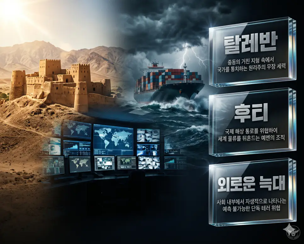 탈레반 뜻, 후티 뜻, 외로운 늑대 뜻: 아프가니스탄 통치 조직과 예멘 무장 세력 및 자생적 테러리스트 확인 4 한국인 전문가와 함께 탈레반, 후티, 외로운 늑대의 특징과 국제적 영향을 분석하여 중동 정세와 물류 안보를 진단하는 역대급 비주얼 포스터 이미지