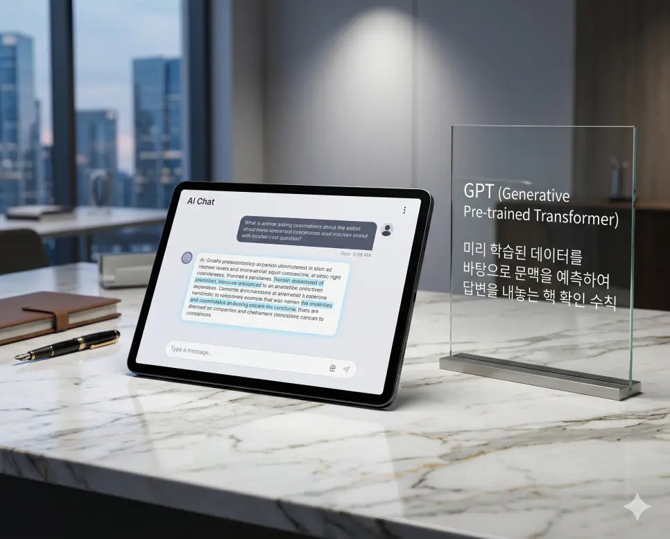 생성형 AI 뜻, LLM 뜻, GPT 뜻 정리: 인공지능 창작 기술과 언어 모델 확인 3 GPT 뜻을 정의하기 위해 미리 학습된 데이터를 바탕으로 문맥을 예측하여 답변을 생성하는 지능형 AI 인터페이스와 최첨단 태블릿 실사 이미지