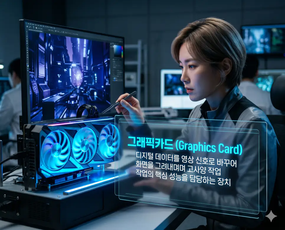 메인보드 뜻, 그래픽카드 뜻, 스캐너 뜻: 컴퓨터 대지와 시각화 전담 및 디지털 변환 확인 2 그래픽카드 뜻을 시각화하기 위해 한국인 전문가가 고화질 화면을 그려내는 고성능 장치의 강력한 렌더링 과정을 지켜보는 고품격 실사 이미지