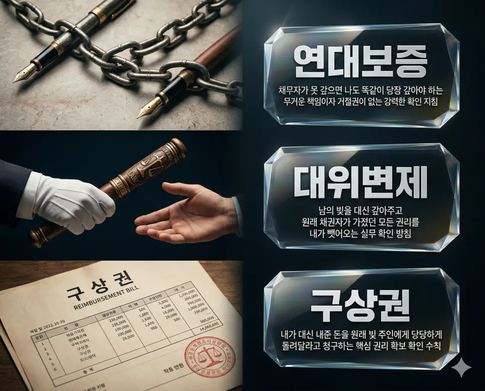 연대보증, 대위변제, 구상권 키워드 정의와 각각의 보증 책임 및 대납 후 채권 확보 상황을 사실적인 배경 위에 유리 패널로 정리한 고품격 실사 인포그래픽