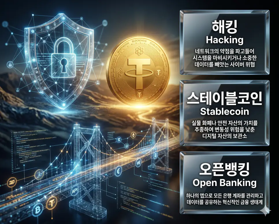 한국인 전문가들과 함께 해킹, 스테이블코인, 오픈뱅킹의 관계를 분석하여 사이버 보안 위협과 안정적인 가상자산 및 데이터 개방형 금융 구조를 진단하는 역대급 비주얼 포스터 이미지