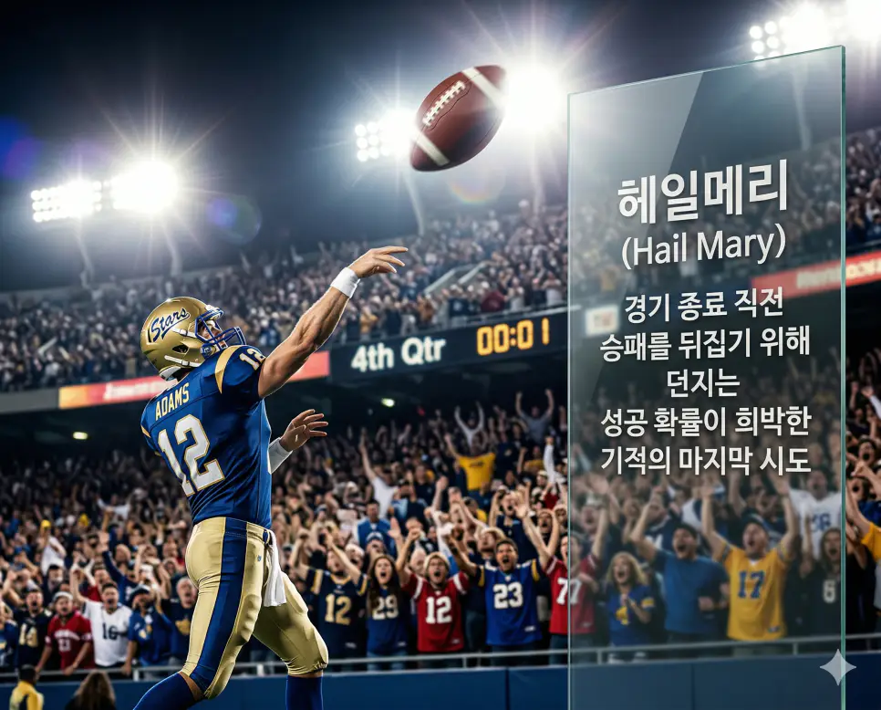헤일메리 뜻을 시각화하기 위해 미식축구 경기 종료 직전 기적적인 역전승을 노리고 던지는 장거리 패스의 박진감 넘치는 순간을 담은 실사 이미지
