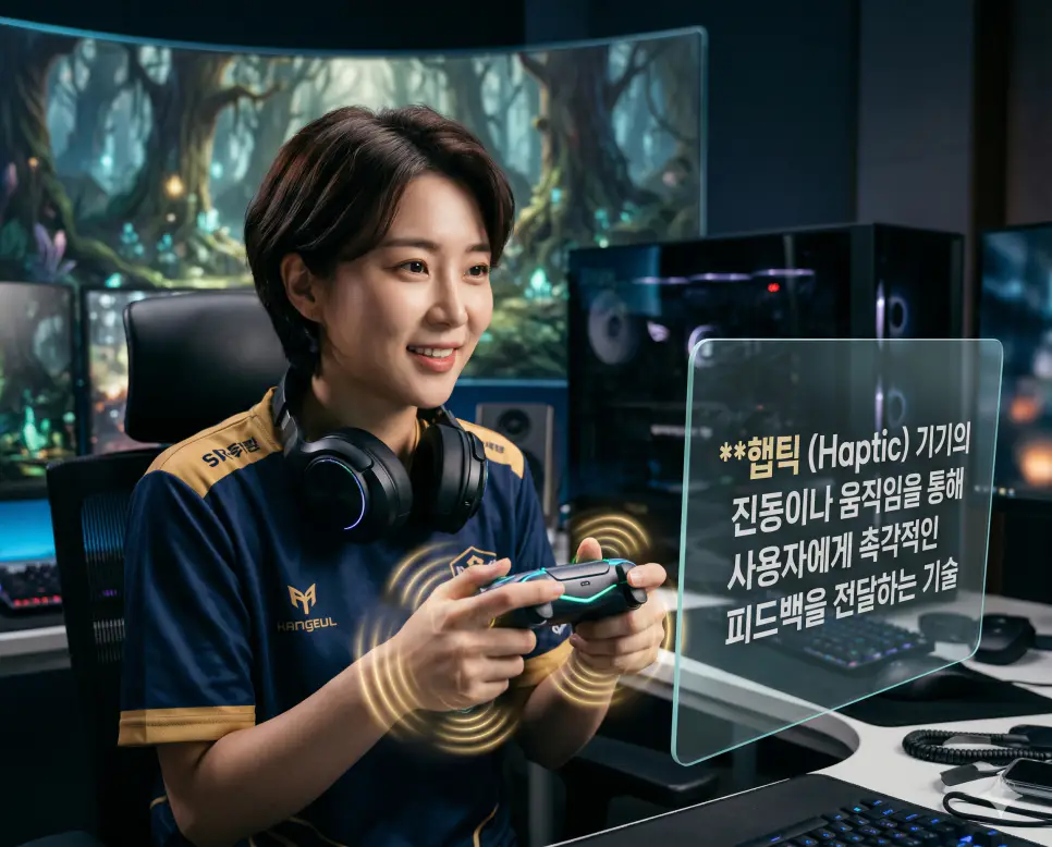 노이즈 캔슬링 뜻, 햅틱 뜻, 시리 뜻: 소음 차단 기술과 촉각 피드백 및 인공지능 비서 확인 2 햅틱 뜻을 시각화하기 위해 한국인 게이머가 기기의 진동을 통해 가상 세계의 촉감을 생생하게 느끼는 촉각 피드백 과정을 보여주는 고품격 실사 이미지