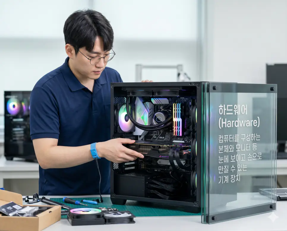 하드웨어 뜻을 설명하기 위해 한국인 IT 엔지니어가 본체와 모니터 등 눈에 보이는 물리적 컴퓨터 기계 장치를 정밀하게 조립하는 실사 이미지