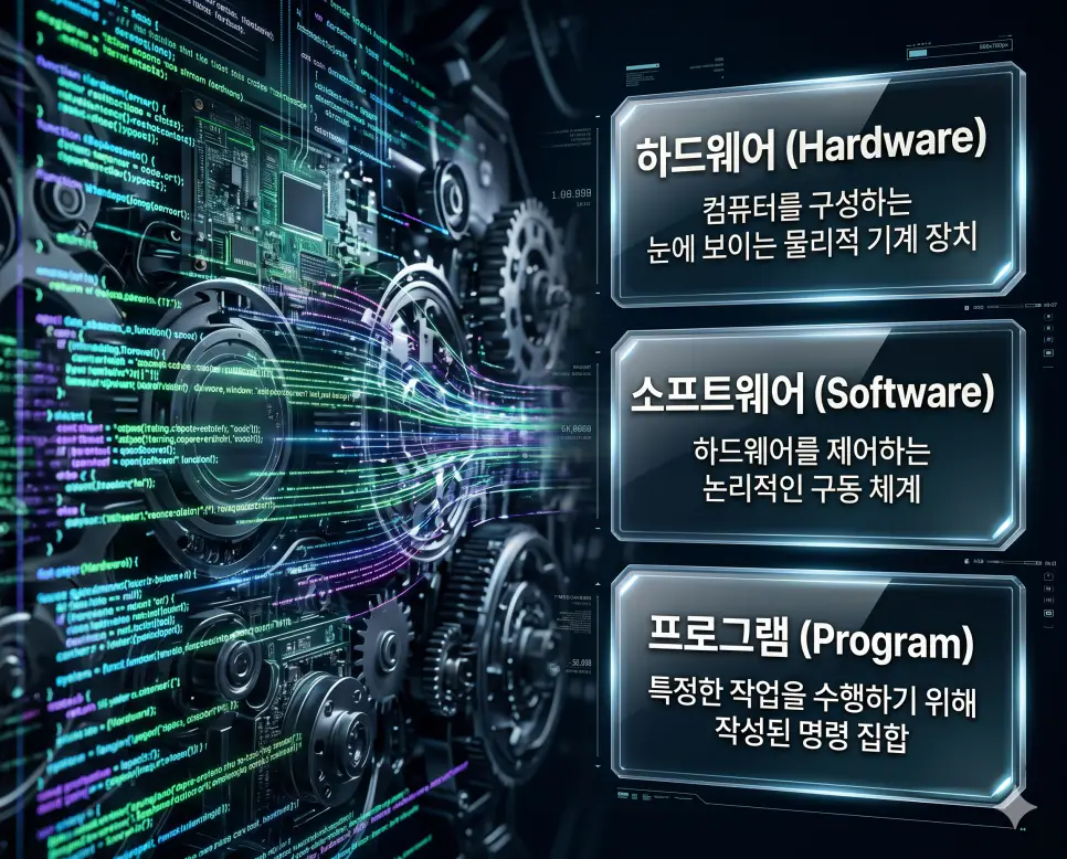 한국인 전문가들과 함께 하드웨어, 소프트웨어, 프로그램의 관계를 분석하여 디지털 시스템의 구성 요소와 작동 원리를 진단하는 프리미엄 포스터 이미지