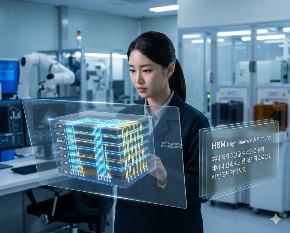 TPU 뜻, HBM 뜻, OTA 뜻 정리: AI 반도체 성능과 무선 업데이트 확인 지침 2 HBM 뜻을 시각화하기 위해 한국인 여성 과학자가 데이터 전송 속도를 획기적으로 높인 수직 적층 방식의 고대역폭 메모리 반도체 구조를 분석하는 실사 이미지