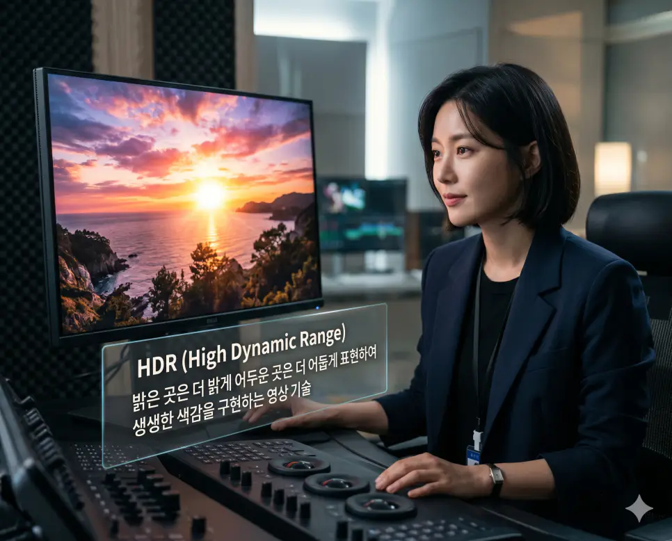 주사율 뜻, HDR 뜻, 4K 뜻: 화면 부드러움과 밝기 깊이 및 초고화질 해상도 확인 2 HDR 뜻을 시각화하기 위해 한국인 촬영 감독이 명암의 범위를 극대화하여 실제 눈으로 보는 듯한 생생한 색감을 구현한 영상을 모니터링하는 고품격 실사 이미지
