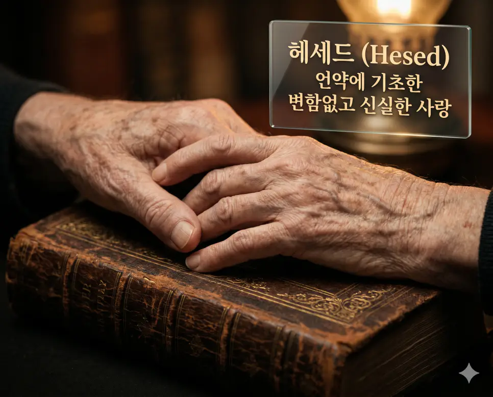 히잡 뜻, 토브 뜻, 헤세드 뜻: 이슬람 여성의 베일과 히브리어의 선함 및 변함없는 사랑 확인 3 헤세드 뜻을 정의하기 위해 오래된 언약의 책 위에 서로 맞잡은 노인의 손을 통해 신실한 사랑을 상징적으로 표현한 이미지