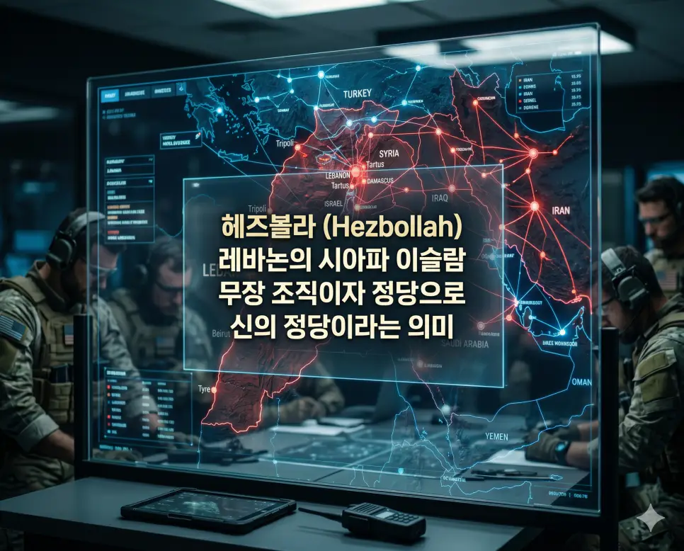 헤즈볼라 뜻을 시각화하기 위해 레바논 무장 정당의 복잡한 정치적 네트워크를 분석하는 첩보 영화 스타일의 고품격 실사 이미지