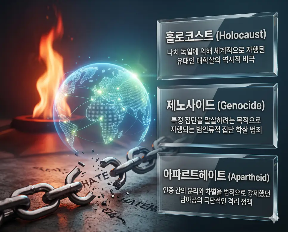 홀로코스트, 제노사이드, 아파르트헤이트 뜻: 인류사의 비극과 인권의 가치를 되새기다 4 한국인 전문가들과 함께 홀로코스트, 제노사이드, 아파르트헤이트의 관계를 분석하여 역사적 비극과 인권 보호의 핵심 가치를 진단하는 역대급 비주얼 포스터 이미지