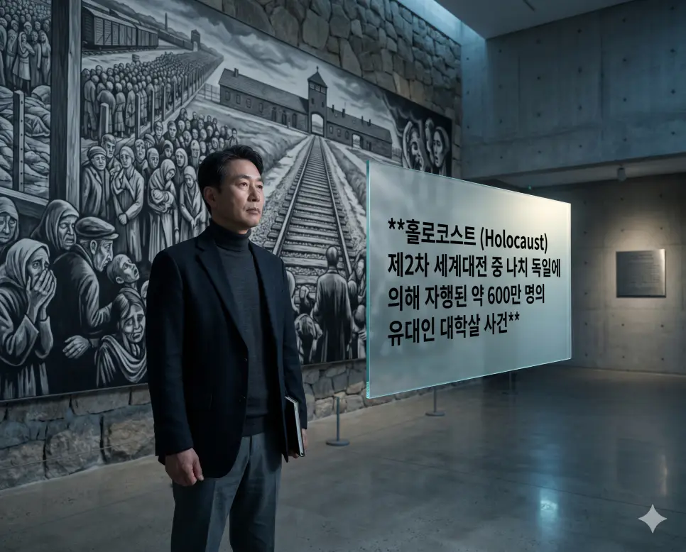 홀로코스트, 제노사이드, 아파르트헤이트 뜻: 인류사의 비극과 인권의 가치를 되새기다 1 홀로코스트 뜻을 설명하기 위해 한국인 역사가가 나치 독일에 의한 유대인 대학살의 비극을 기리는 추모관에서 역사를 되새기는 시네마틱 이미지