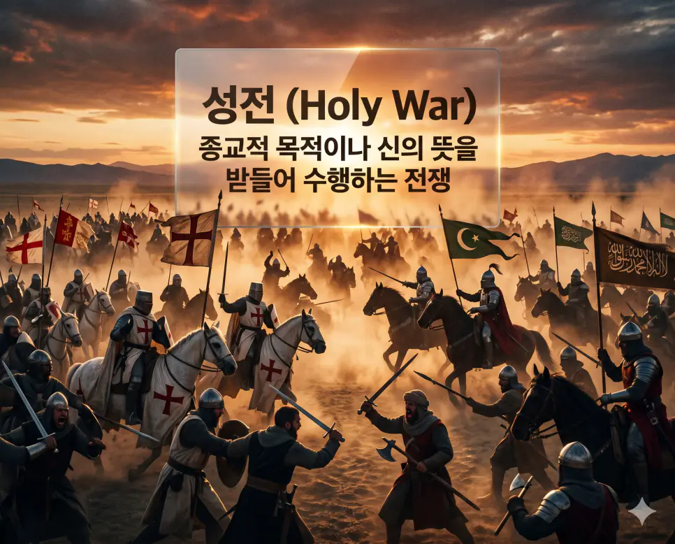 지하드 뜻, 성전 뜻, 순교 뜻: 이슬람의 분투 개념과 종교적 목적의 전쟁 및 신념을 위한 희생 확인 2 성전 뜻을 시각화하기 위해 역사적인 종교 전쟁의 한 장면을 웅장한 스케일의 중세 전투 모습으로 묘사한 고품격 실사 이미지