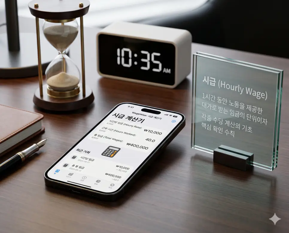 상여금 뜻, 연봉 뜻, 시급 뜻 정리: 임금 체계와 보상 산정 방식 확인 3 시급 뜻을 상징하기 위해 1시간 동안의 노동 가치를 나타내는 스마트폰 계산기 화면과 시간의 소중함을 보여주는 모래시계의 실사 이미지