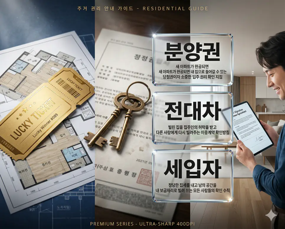 분양권, 전대차, 세입자 키워드 정의와 각각의 입주 권리 및 이중 임대 상황을 사실적인 배경 위에 유리 패널로 정리한 고품격 실사 인포그래픽